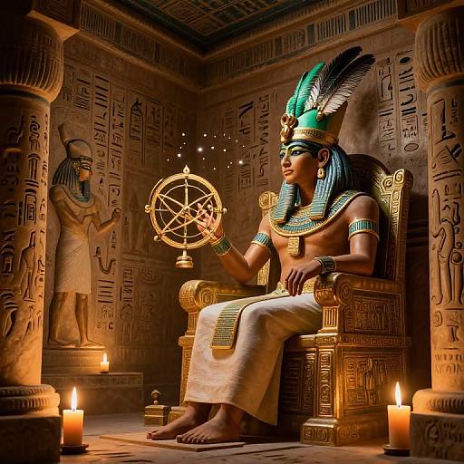 Photorealistic digital artwork of an ancient Egyptian pharaoh in ornate headdress, holding an ornate golden sphere, seated on a carved throne,