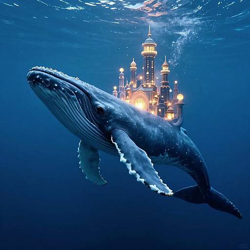 Photograph of a large blue whale swimming beneath an illuminated, fantasy castle with glowing lights, set underwater in deep blue water.