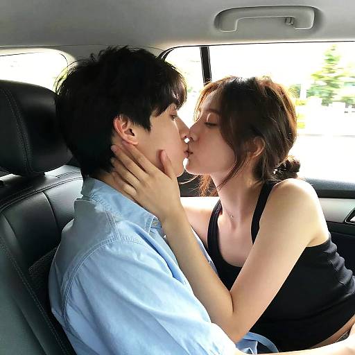 Photograph of a young couple kissing passionately in a car's backseat, with the woman wearing a black tank top and the man in a light blue