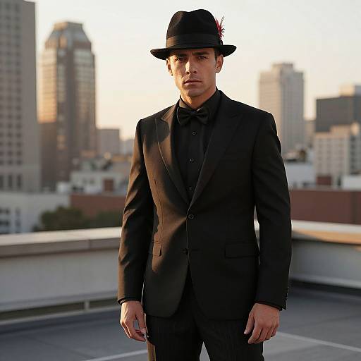 Photograph of a serious-looking man in a black suit, bow tie, and fedora, standing on a rooftop against a sunset cityscape.