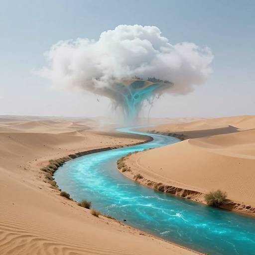 Photograph of a surreal desert landscape with a glowing blue river winding through sand dunes, leading to a massive, white, cloud-like vortex in the