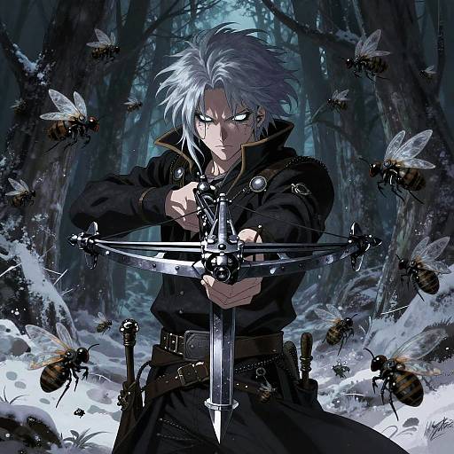 Digital anime-style drawing of a silver-haired, intense young man with glowing eyes, holding a sword in a dark, snowy forest surrounded by buzzing bees.