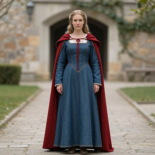Photograph of a young woman with blonde hair, wearing a blue medieval-style dress and red cloak, standing on a stone path in front of a stone
