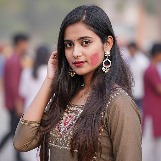 Photograph of an Indian woman with long black hair, red face paint, wearing a brown embroidered top, gold earrings, and red lipstick, standing in