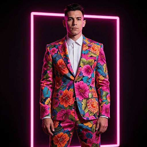 Photograph of a man with short dark hair, wearing a vibrant floral suit with orange, pink, and yellow flowers, against a black background with a