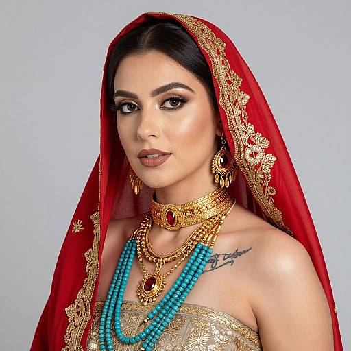 Photograph of a South Asian woman with dark hair, wearing a red embroidered veil, gold jewelry, turquoise bead necklace, and gold strapless top,