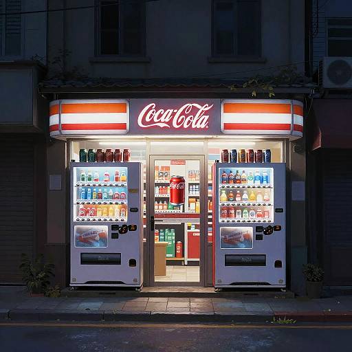 Photograph of a brightly lit, neon Coca-Cola vending machine store at night, with colorful drinks displayed in two illuminated refrigerators.