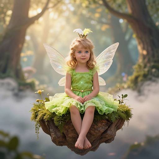 Photograph-style digital art of a blonde fairy girl with translucent wings, wearing a green dress and crown, sitting on a mossy rock in a sun