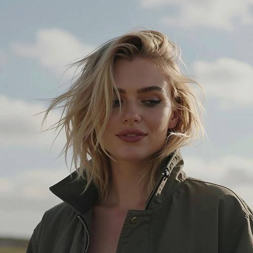 Blonde Woman with Tousled Hair and Dark Jacket