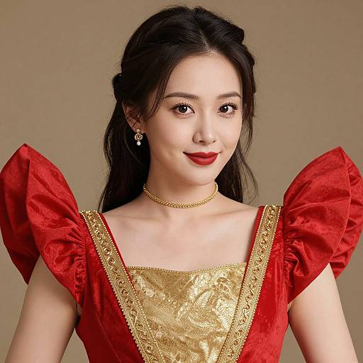 Photograph of an Asian woman with fair skin, black hair, red lipstick, wearing a red velvet dress with gold lace trim and puffed shoulders,