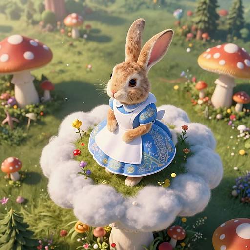 Photorealistic CGI of a cute, brown bunny in a blue, patterned dress, sitting on a fluffy white cloud with colorful flowers, amidst a