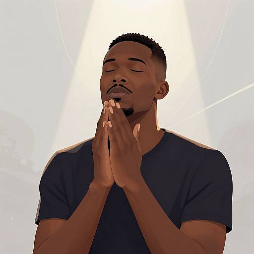 Digital illustration of a dark-skinned man with short curly hair and a goatee, eyes closed, hands in prayer, wearing a black t-shirt,