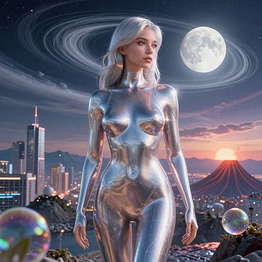Digital artwork of a silver, reflective, futuristic woman with long white hair, standing in a cityscape with a glowing moon, planet rings, and erupt