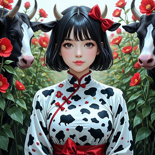 Digital art of an Asian woman with black bob haircut, cow horns, cow-print kimono, red bow, and red flowers, flanked by black