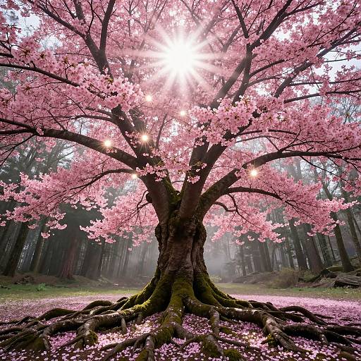 Photograph of a majestic cherry blossom tree with bright pink flowers, sunlight filtering through, surrounded by a misty forest floor.