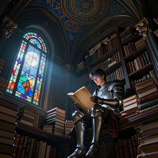 Photograph of a medieval knight in shiny black armor, reading a book in a dimly lit, ornate library with colorful stained glass window and towering