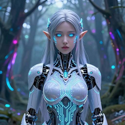 Digital art of a glowing, elf-like woman with long silver hair, blue bioluminescent eyes, and intricate cybernetic armor in a mist
