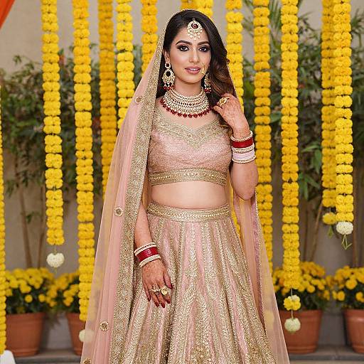 Indian bride in a gold and pink traditional outfit with a veil, adorned with jewelry, standing against a background of yellow marigold garlands. Photograph