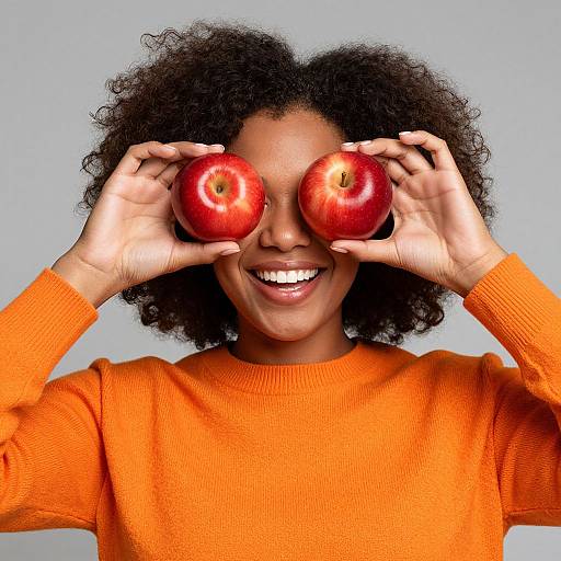 Photograph of a smiling Black woman with curly hair, wearing an orange sweater, holding two red apples in front of her eyes.