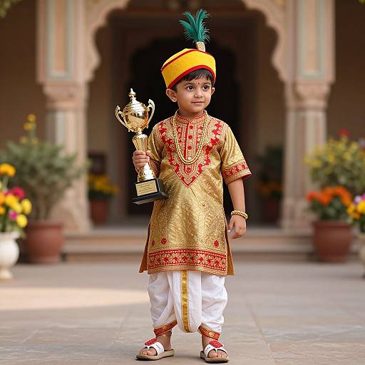 Photograph of a young Indian boy in traditional gold and red attire, holding a trophy, standing in a decorated courtyard.
