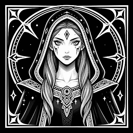 Black-and-white digital drawing of a mystical woman with long hair, hooded robe, and geometric patterns, surrounded by a starry, ornate frame