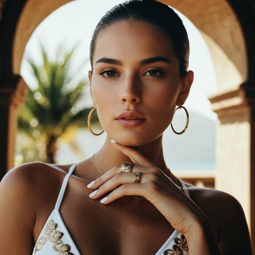 Elegant Woman with Gold Jewelry and White Bikini Top