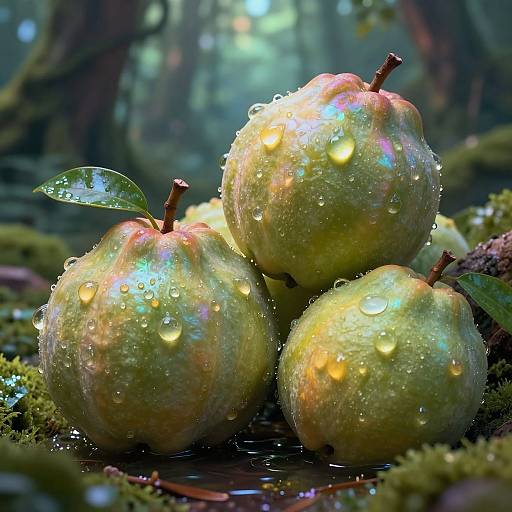 Photorealistic CGI of three green apples with iridescent highlights, covered in dewdrops, sitting on mossy forest floor with water puddle.