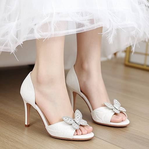 Photograph of a woman's pale skin feet in white high-heeled sandals with silver bow embellishments, standing on wooden floor, under a white,