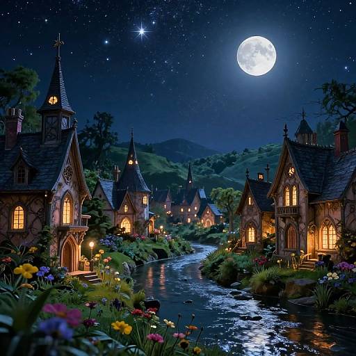 Fantastical nighttime village scene with glowing Gothic-style houses, a full moon, starry sky, illuminated windows, and a flowing river surrounded by vibrant