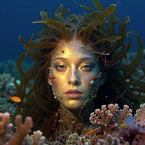 Photorealistic digital artwork of a woman with seaweed-like hair, glowing face, surrounded by colorful coral and fish underwater.