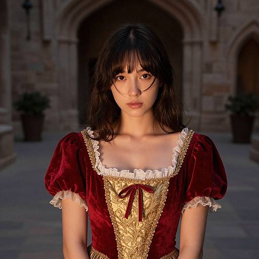 Photorealistic digital rendering of a young woman with straight black hair, wearing a red velvet dress with gold embroidery and white lace trim, standing in front
