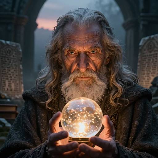 Photograph of an intense, elderly man with long, wavy gray hair and beard, holding a glowing, snow globe, in a dimly lit