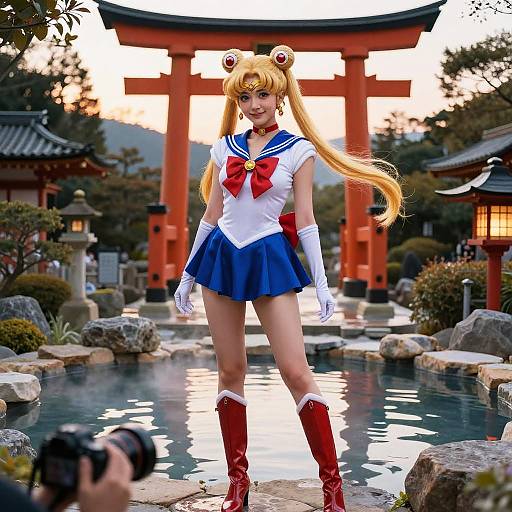 Photograph of a blonde anime cosplayer in a Sailor Moon outfit, standing in front of a traditional Japanese torii gate at sunset, with a photographer