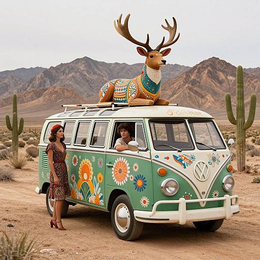 Photograph of a colorful, vintage Volkswagen van with a stylized, painted deer on the roof in a desert with cacti and mountains. Woman