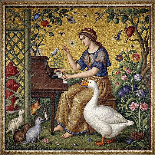 Illustration of a fair-skinned woman in blue and gold dress playing piano, surrounded by birds and a duck in vibrant garden.