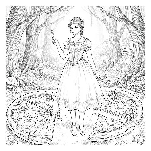 Black-and-white line drawing of a woman in a dress standing in a forest, holding a knife, with large pizzas on the ground.
