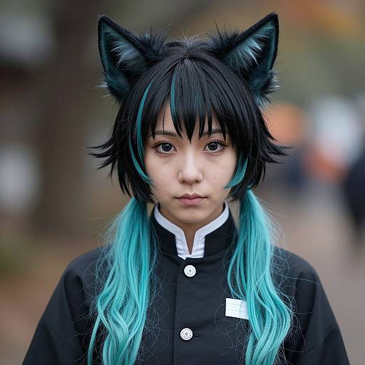 Photograph of a young East Asian woman with black cat ears, blue-tipped black hair, and black uniform, standing outdoors. Blurred background.