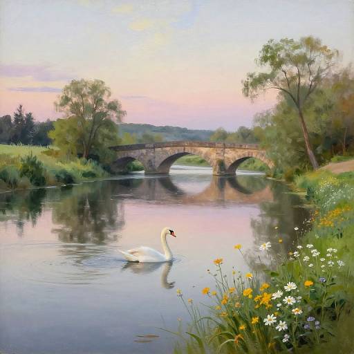 Painting of a serene river with a white swan gliding near a stone arch bridge, surrounded by lush greenery and wildflowers at sunset.