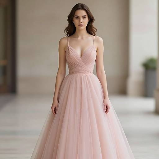 Photograph of a brunette woman with wavy hair, wearing a pale pink, V-neck, sleeveless ball gown with a cinched waist, walking