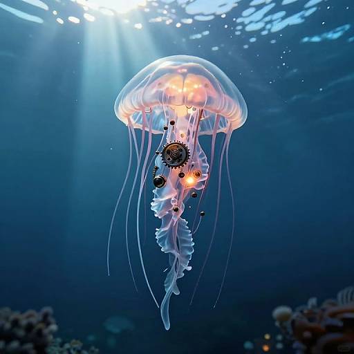 Photograph of a glowing, translucent jellyfish with orange and white bioluminescence, floating in deep blue ocean water, sunlight filtering from above.