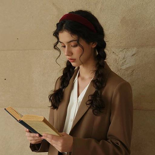 Photograph of a young woman with curly black hair in braids, wearing a brown blazer, white shirt, and red headband, reading an