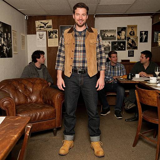 Photograph of a smiling man with brown hair and beard, wearing a tan suede vest, plaid shirt, and dark jeans, standing in a cozy