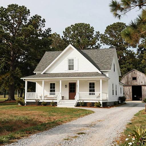Photograph of a white, two-story farmhouse with a gray shingled roof, white porch, gravel driveway, and surrounded by tall trees.