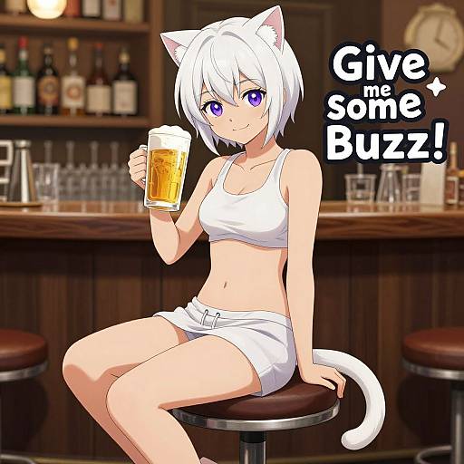 Anime-style digital artwork of a white-haired, purple-eyed catgirl in white crop top and shorts, sitting on a bar stool, holding a beer,