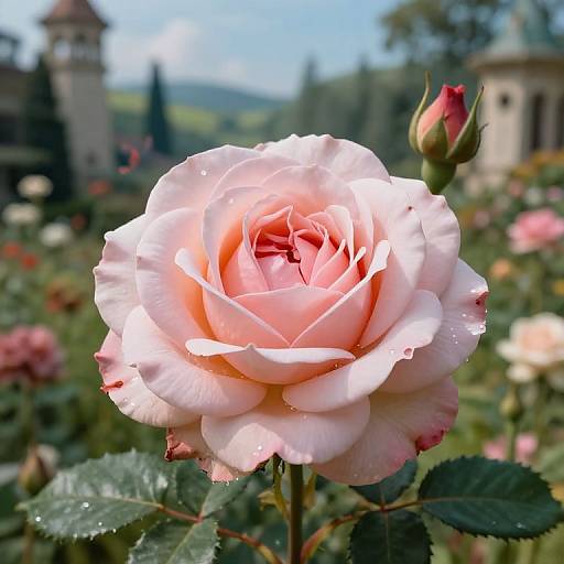Photograph of a pale pink rose with dewdrops, centered in a garden, surrounded by blurred roses and a castle in the background.