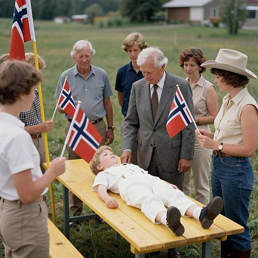 Norwegian Celebration with Boy on Table and Flags