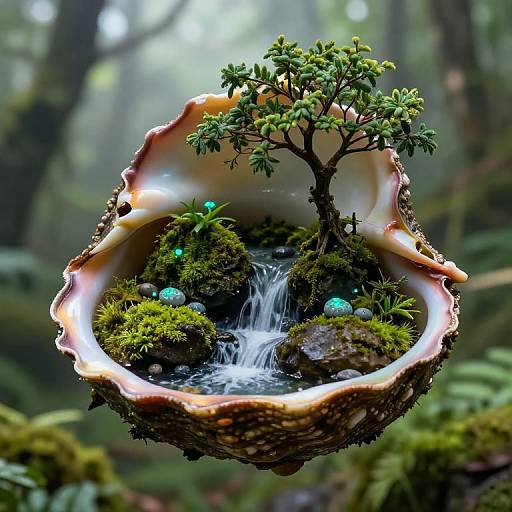 Photorealistic CGI of a miniature forest in a seashell with a small waterfall, moss, green plants, and glowing blue orbs, set in