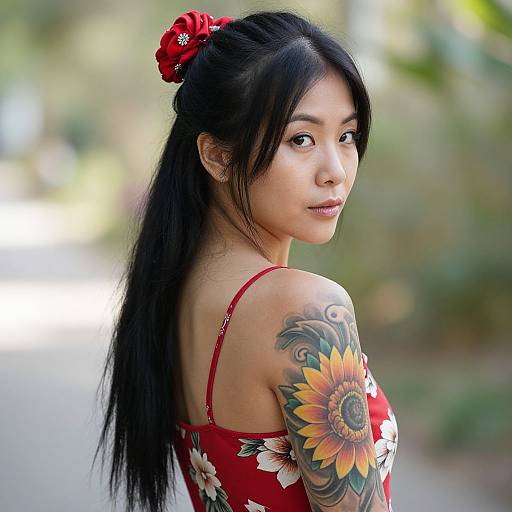 Photograph of an Asian woman with long black hair, red floral dress, sunflower tattoo on right shoulder, red hair clip, looking back, blurred