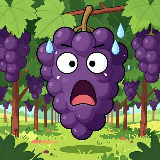 Terrified Cartoon Grape in Vineyard