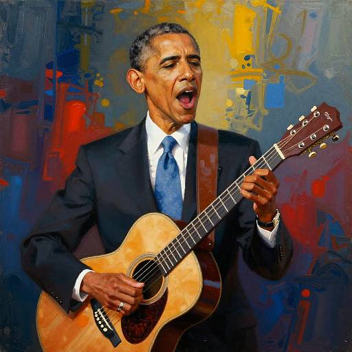 Digital painting of Barack Obama in a black suit, blue tie, and white shirt, passionately playing an acoustic guitar against a vibrant, abstract background. His